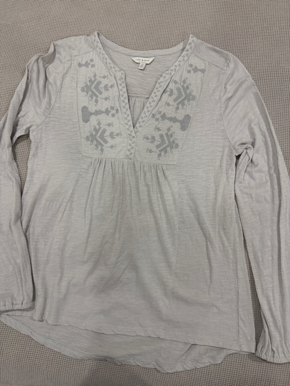 Lucky Brand Light Gray Embroidered Long-Sleeve Top